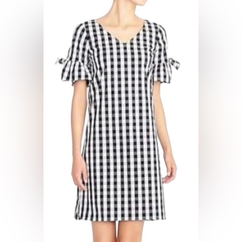 J. Crew Black/White Gingham Dress Short Sleeve with Tie and Ruffles size S